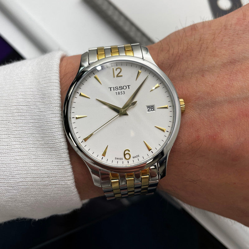 Tissot T Classic Tradition White Dial Two Tone Mesh Bracelet Watch For Men - T063.610.22.037.00