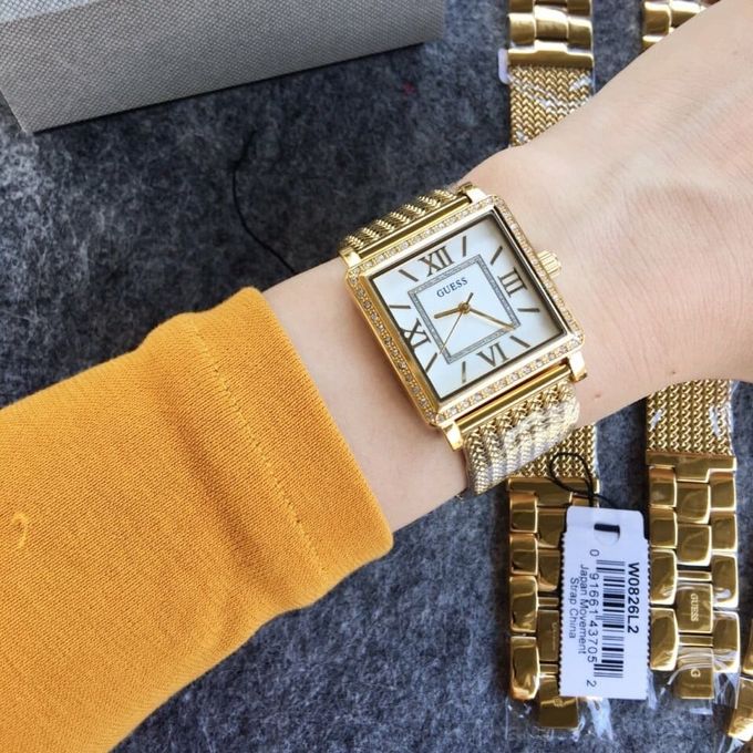 Guess White Dial Gold Mesh Bracelet Watch For Women - W0826L2