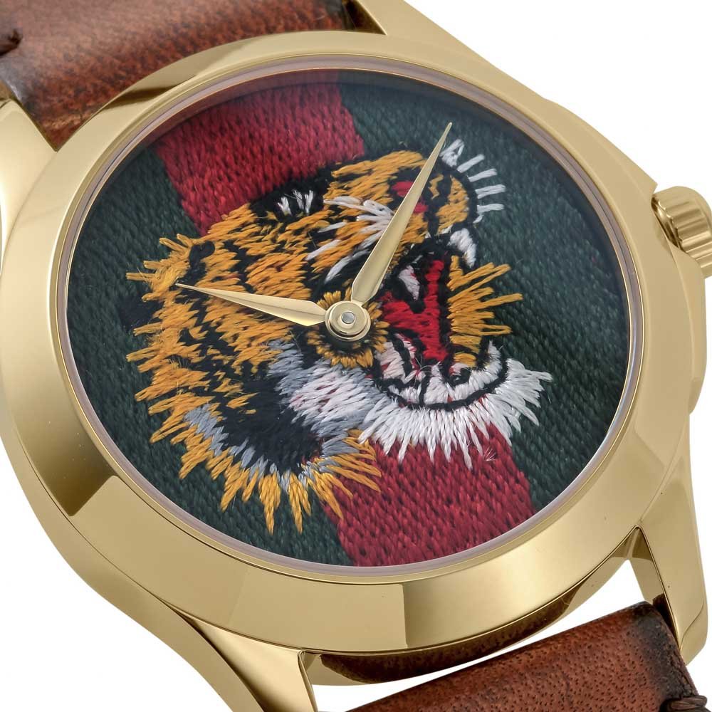 Gucci Le Marche Des Merveilles Red & Green Dial Brown Leather Strap Unisex Watch - YA126497