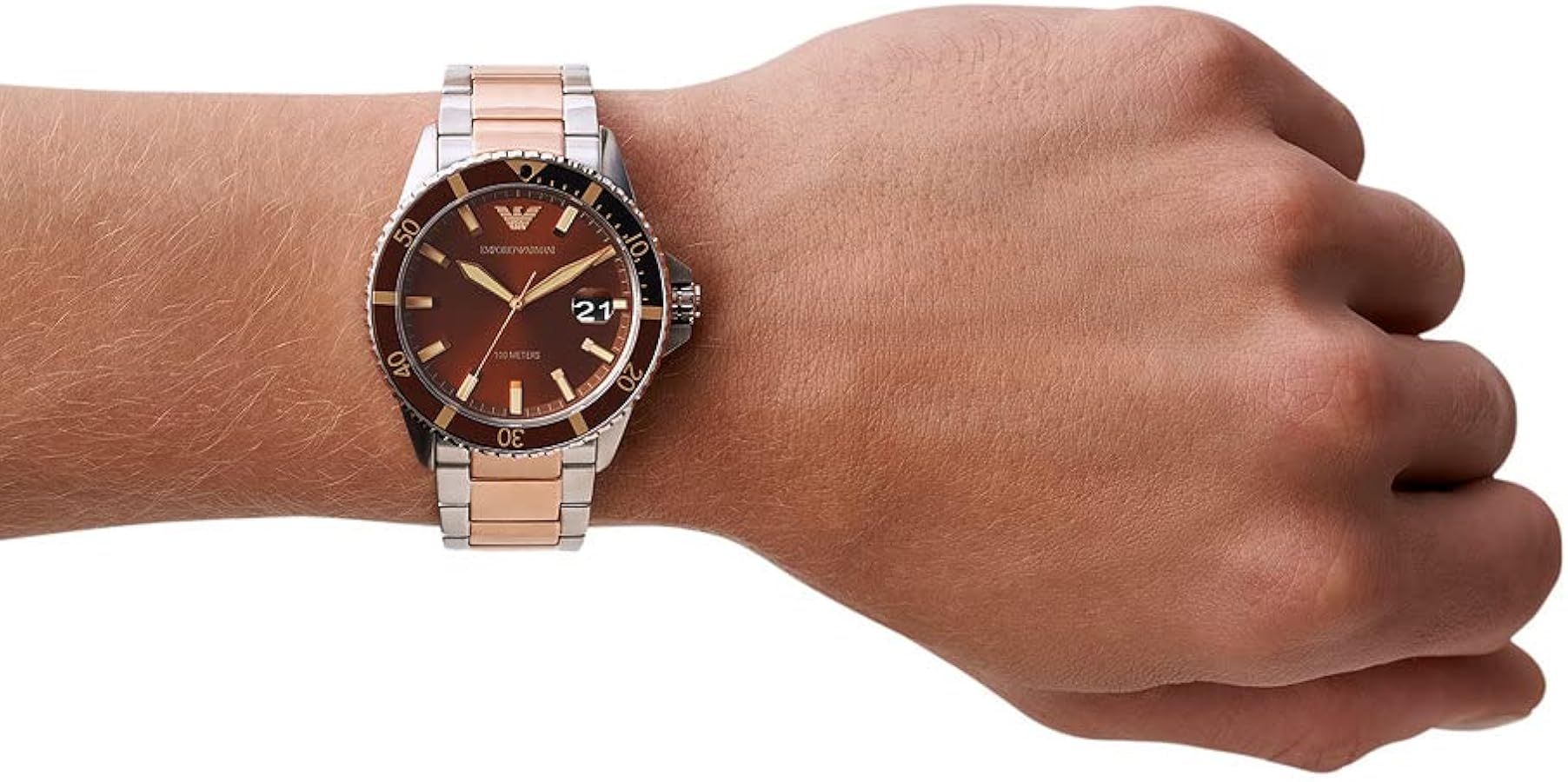 Emporio Armani Diver Quartz Brown Dial Two Tone Steel Strap Watch For Men - AR11340