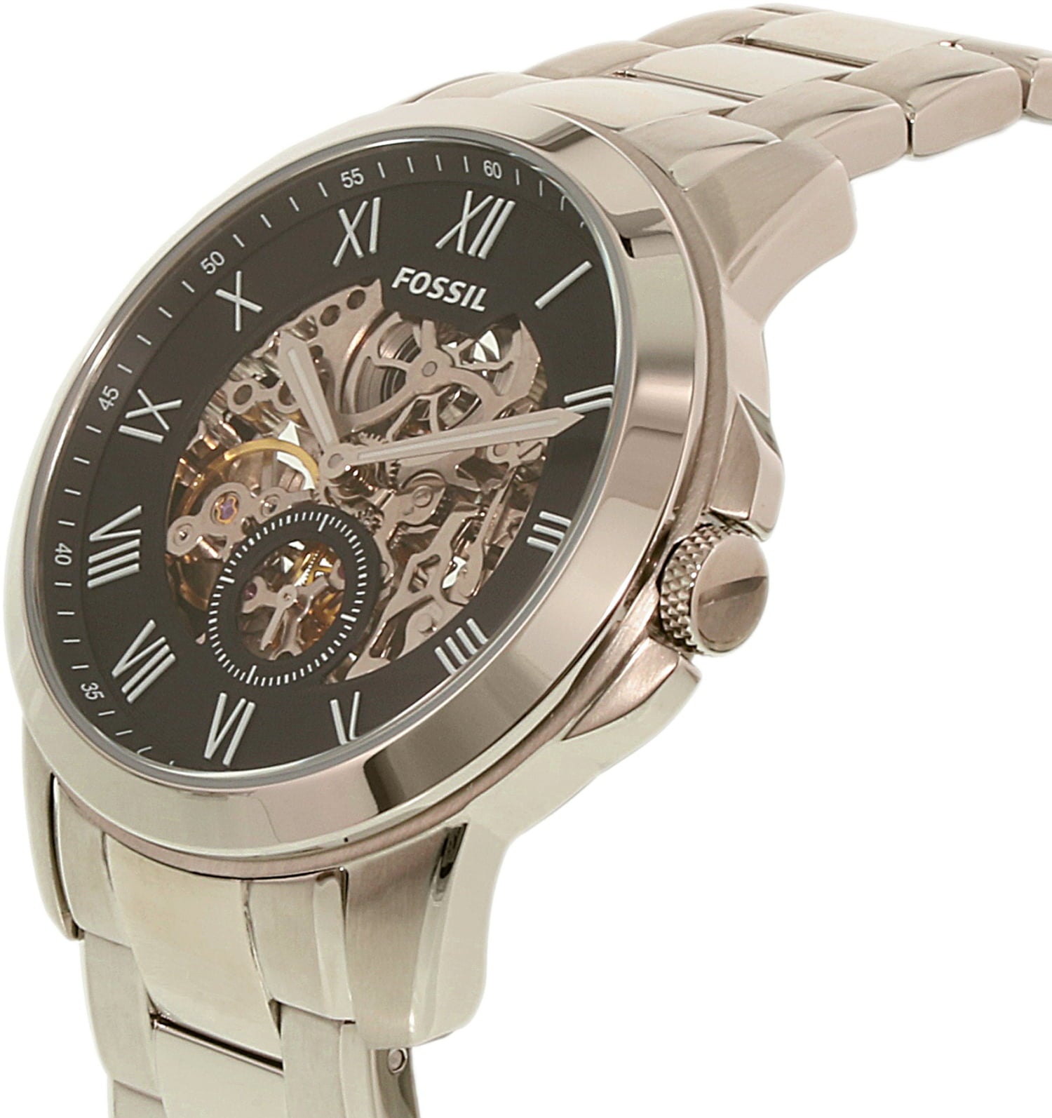 Fossil Grant Skeleton Black Dial Silver Steel Strap Watch for Men - ME3055