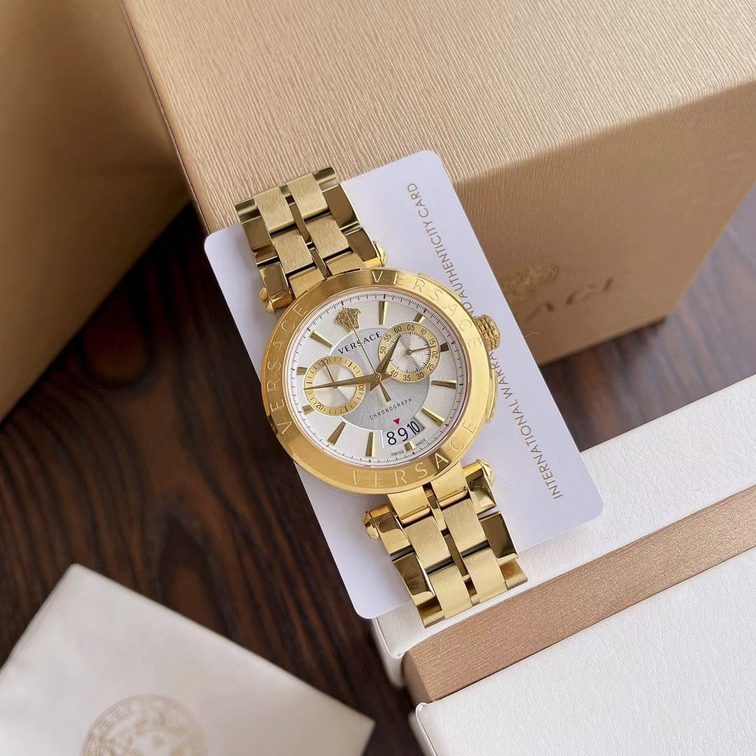 Versace V Racer Chronograph White Dial Gold Steel Strap Watch for Men - VBR060017