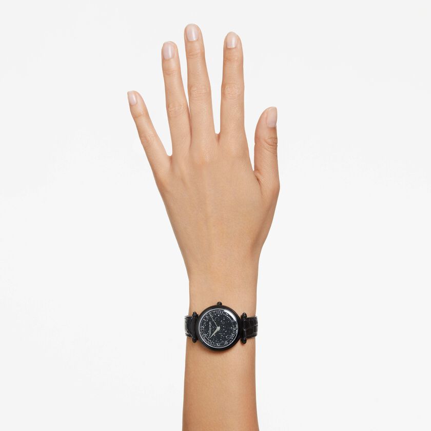 Swarovski Crystalline Wonder Black Dial Black Leather Strap Watch for Women - 5664311