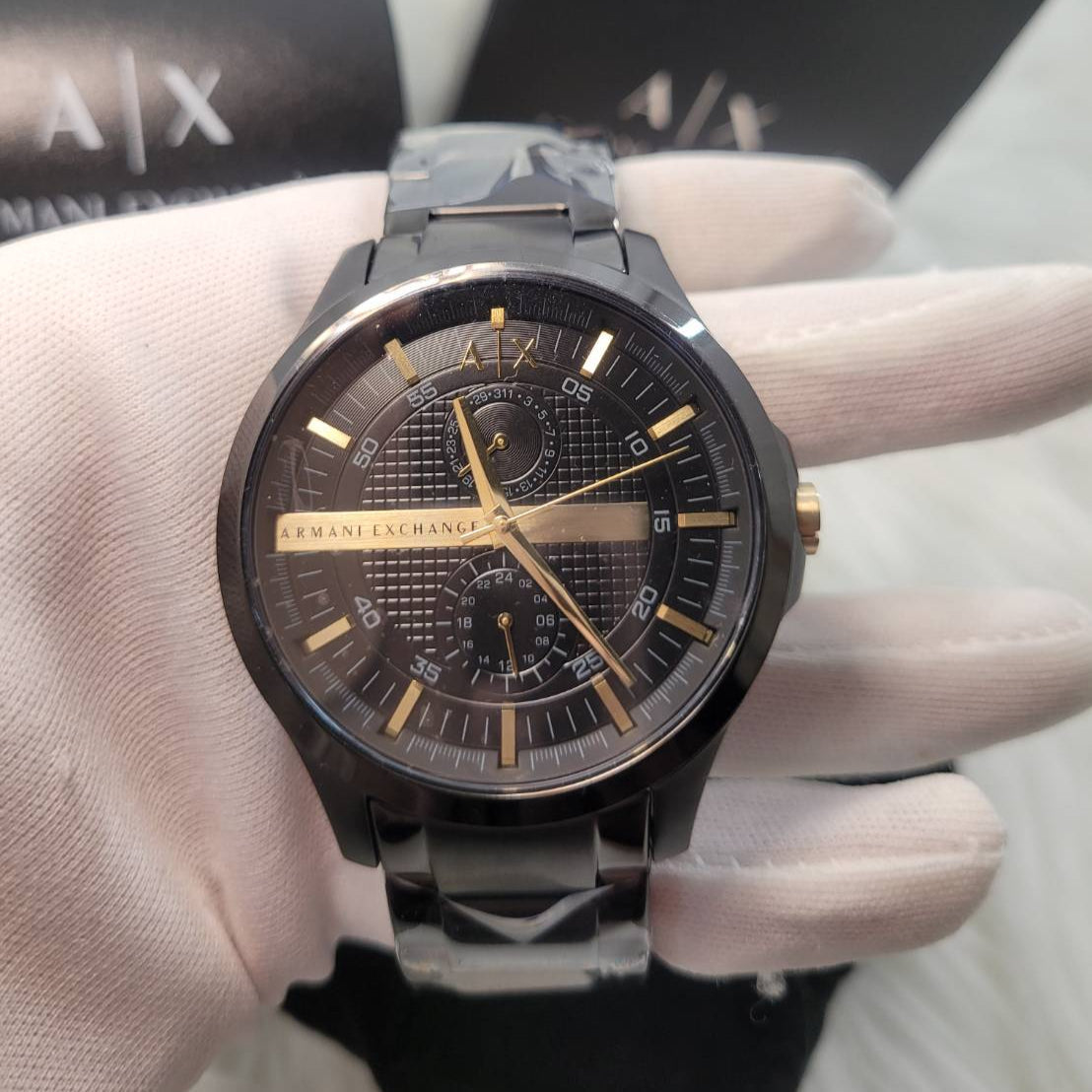 Armani Exchange Hampton Chronograph Black Dial Black Steel Strap Watch For Men - AX2121