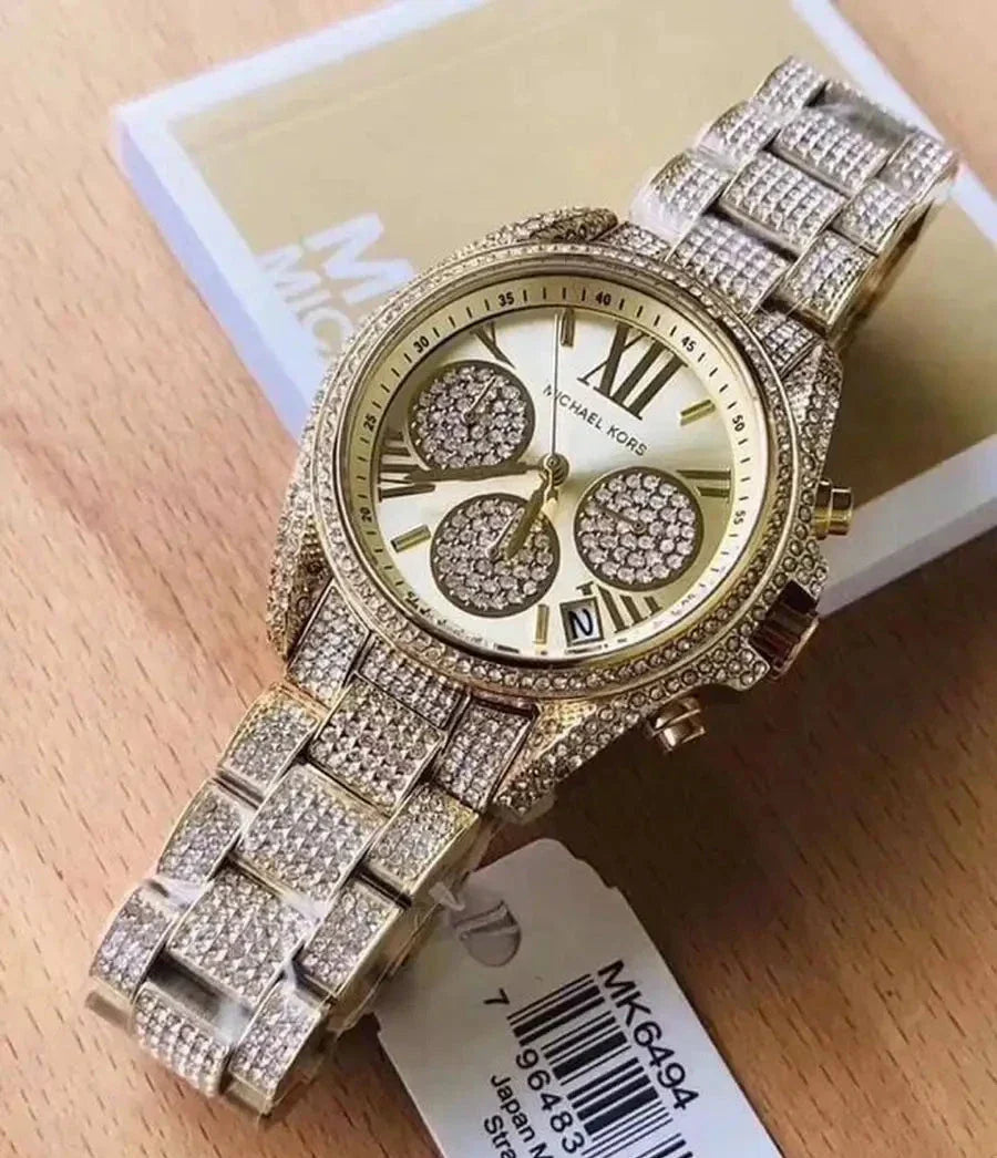 Michael Kors Mini Bradshaw Crystals Gold Dial Gold Steel Strap Watch For Women - MK6494
