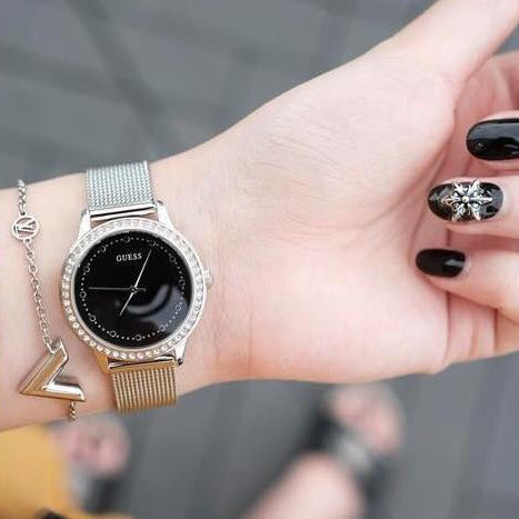 Guess Chelsea Crystals Black Dial Silver Mesh Bracelet Watch For Women  - W0647L5