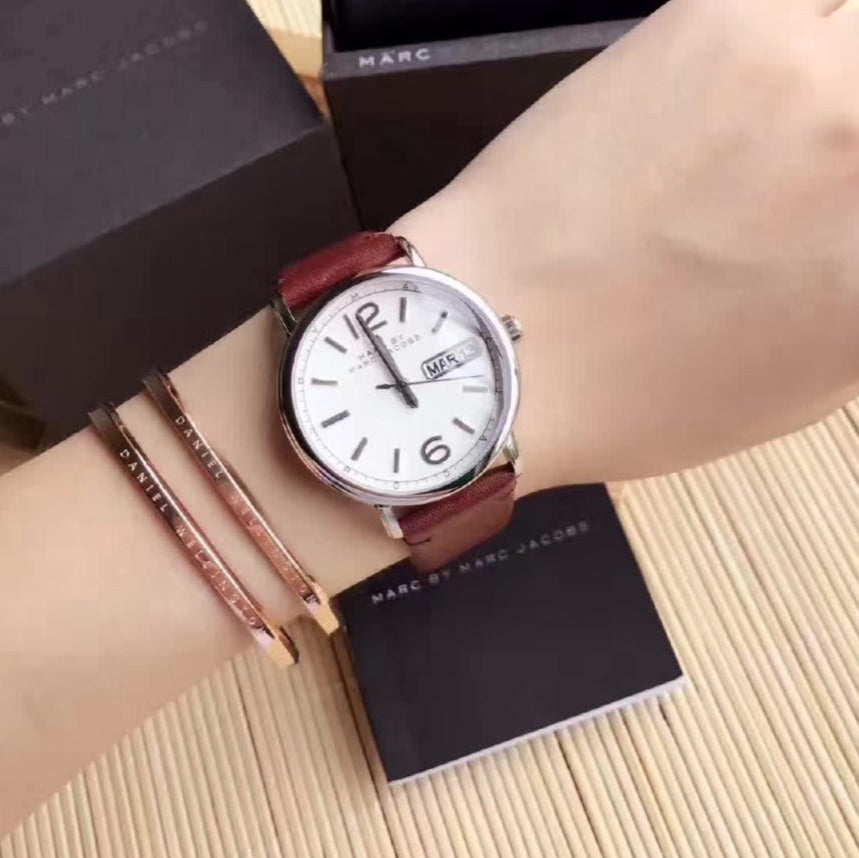 Marc Jacobs Fergus White Dial Brown Leather Strap Watch for Women - MBM8649