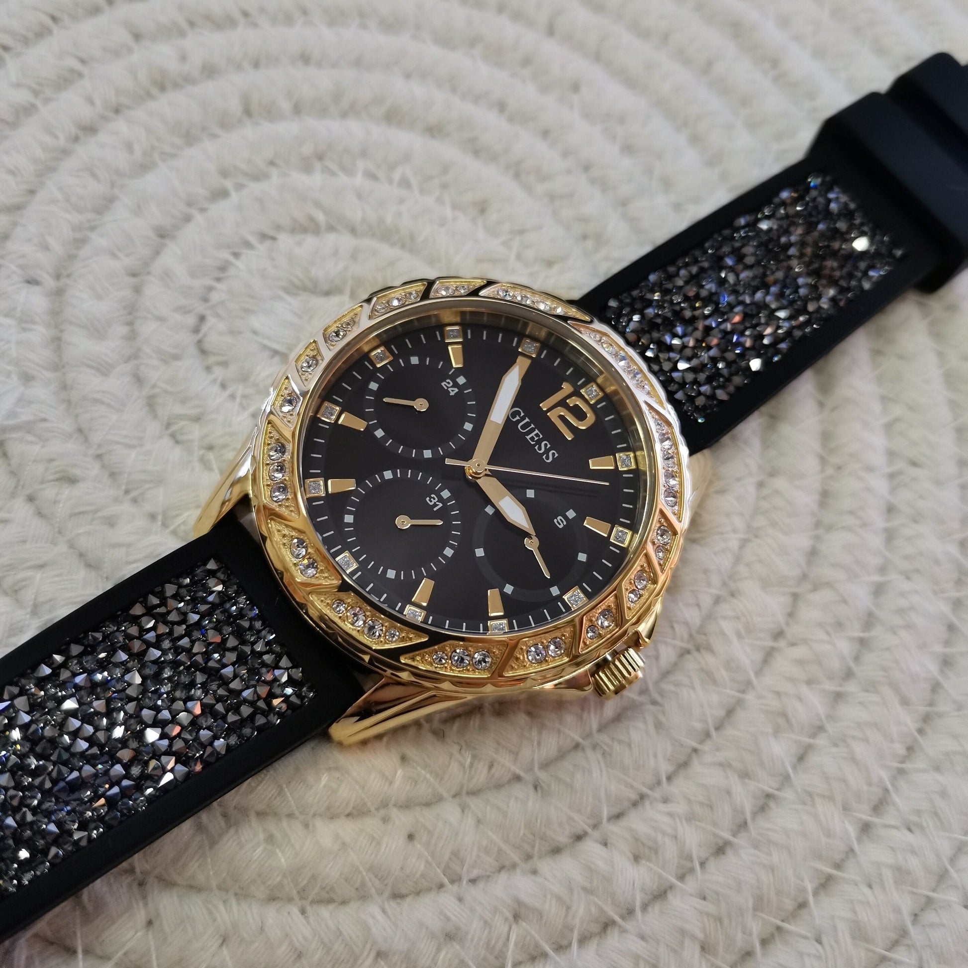 Guess Swirl Quartz Black Dial Black Silicone Strap Watch for Women - W1096L3