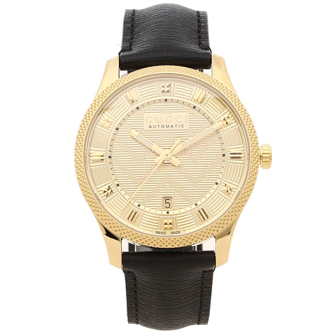 Gucci Eryx Automatic Chevron Gold Dial Black Leather Strap Watch For Men - YA126340