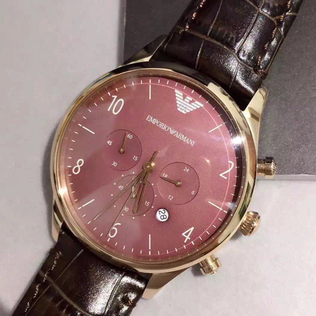 Emporio Armani Classic Chronograph Burgundy Dial Brown Leather Strap Watch For Men - AR1890
