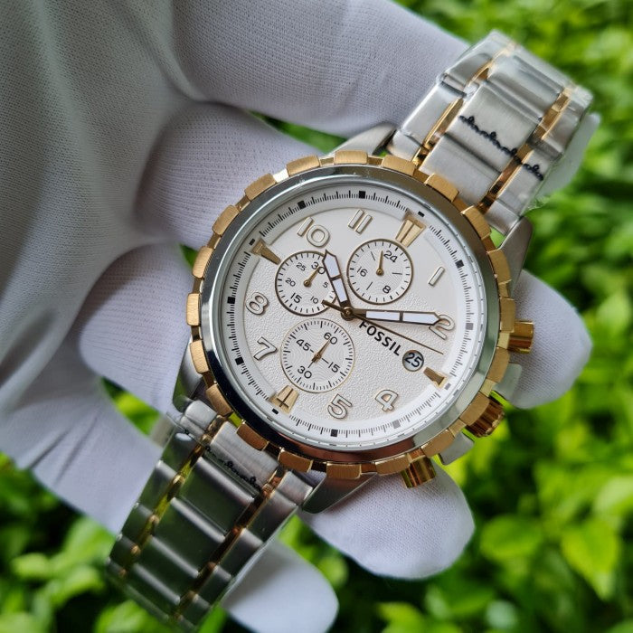Fossil Dean Chronograph White Dial Silver Steel Strap Watch for Men - FS4795