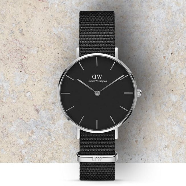 Daniel Wellington Classic Petite Cornwall Black Dial Black NATO Strap Watch For Women - DW00100216