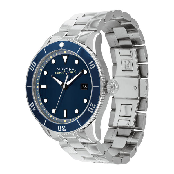 Movado Heritage Calendoplan Blue Dial Silver Steel Strap Watch For Men - 3650094