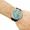 Diesel Mega Chief Chronograph Blue Dial Brown Leather Strap Watch For Men - DZ4281