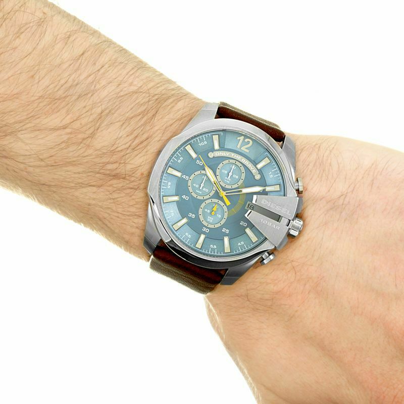 Diesel Mega Chief Chronograph Blue Dial Brown Leather Strap Watch For Men - DZ4281