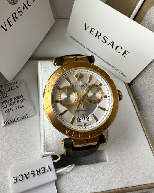 Versace Aion Chronograph White Dial Green Leather Strap Watch for Men - VBR020017