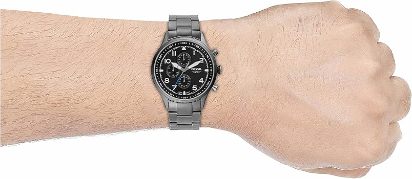 Fossil Retro Pilot Chronograph Black Dial Grey Steel Strap Watch for Men - FS5834