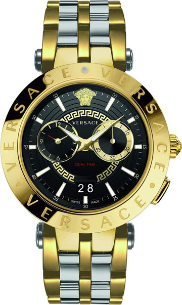 Versace V-Race Quartz Black Dial Gold Steel Strap Watch For Men - VEBV00519