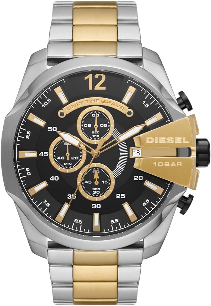 Diesel Mega Chief Chronograph Black Dial Two Tone Steel Strap Watch For Men - DZ4581