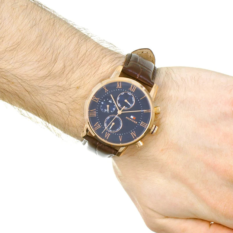 Tommy Hilfiger Kane Chronograph Blue Dial Brown Leather Strap Watch for Men - 1791399