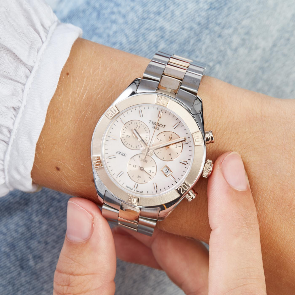 Tissot PR 100 Sport Chic Chronograph Silver Dial Two Tone Steel Strap Watch For Women - T101.917.22.031.00