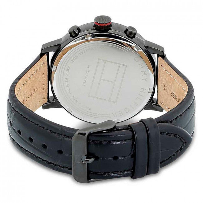 Tommy Hilfiger Aden Chronograph Black Dial Black Leather Strap Watch for Men - 1791310