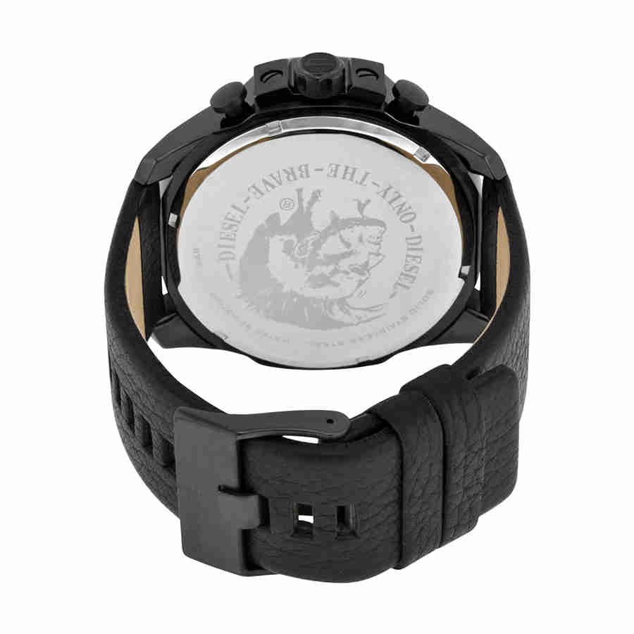Diesel Mega Chief Chronograph Black Dial Black Leather Strap Watch For Men - DZ4323