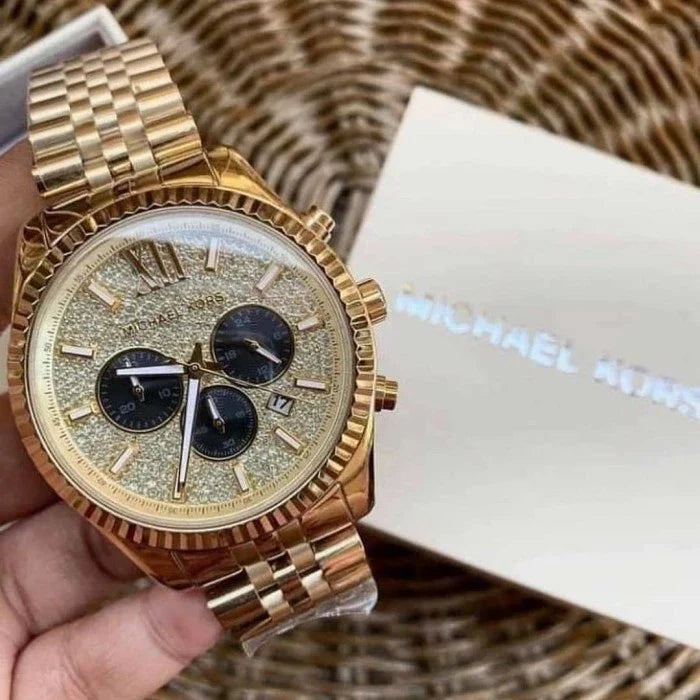 Michael Kors Lexington Crystals Gold Dial Gold Steel Strap Watch for Men - MK8494