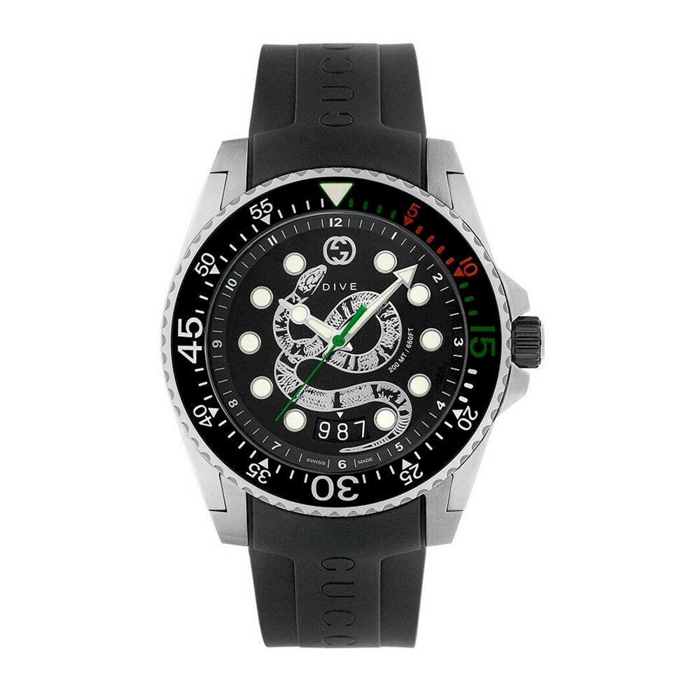 Gucci Dive Quartz Kingsnake Black Dial Black Rubber Strap Watch For Men - YA136217