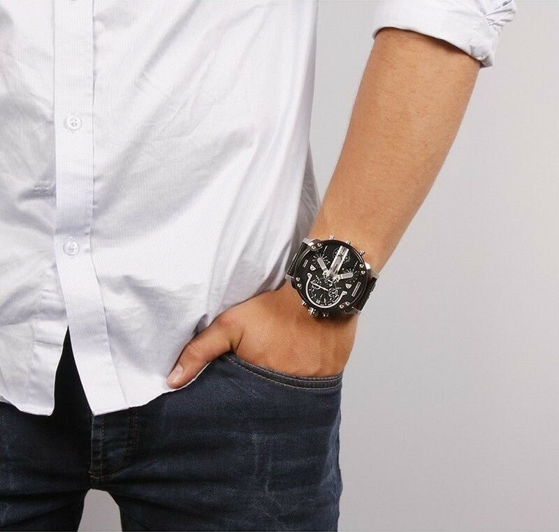 Diesel Mr Daddy Chronograph Black Dial Black Leather Strap Watch For Men - DZ7313