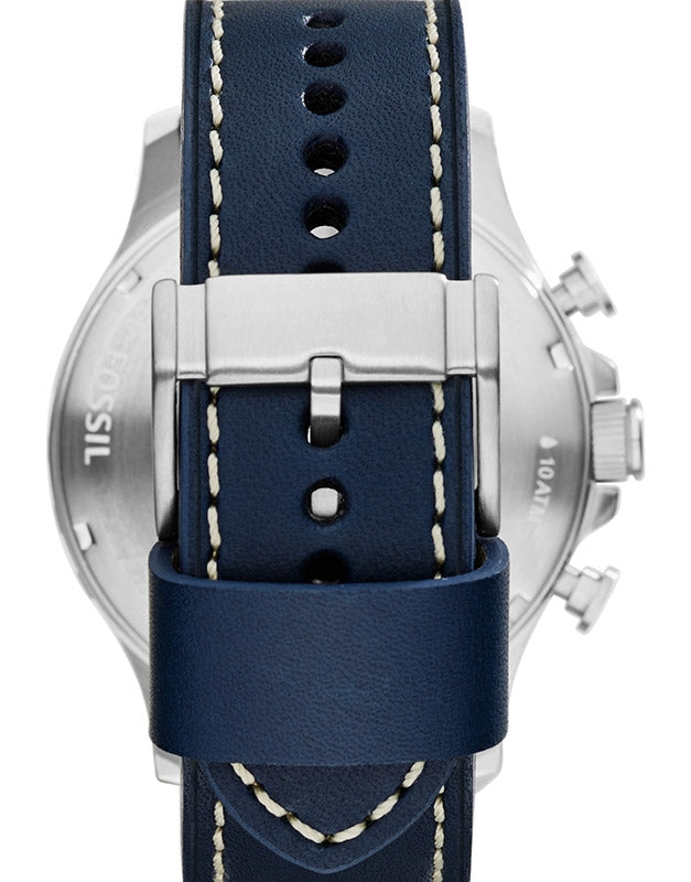 Fossil Nate Chronograph White Dial Blue Leather Strap Watch for Men - JR1480