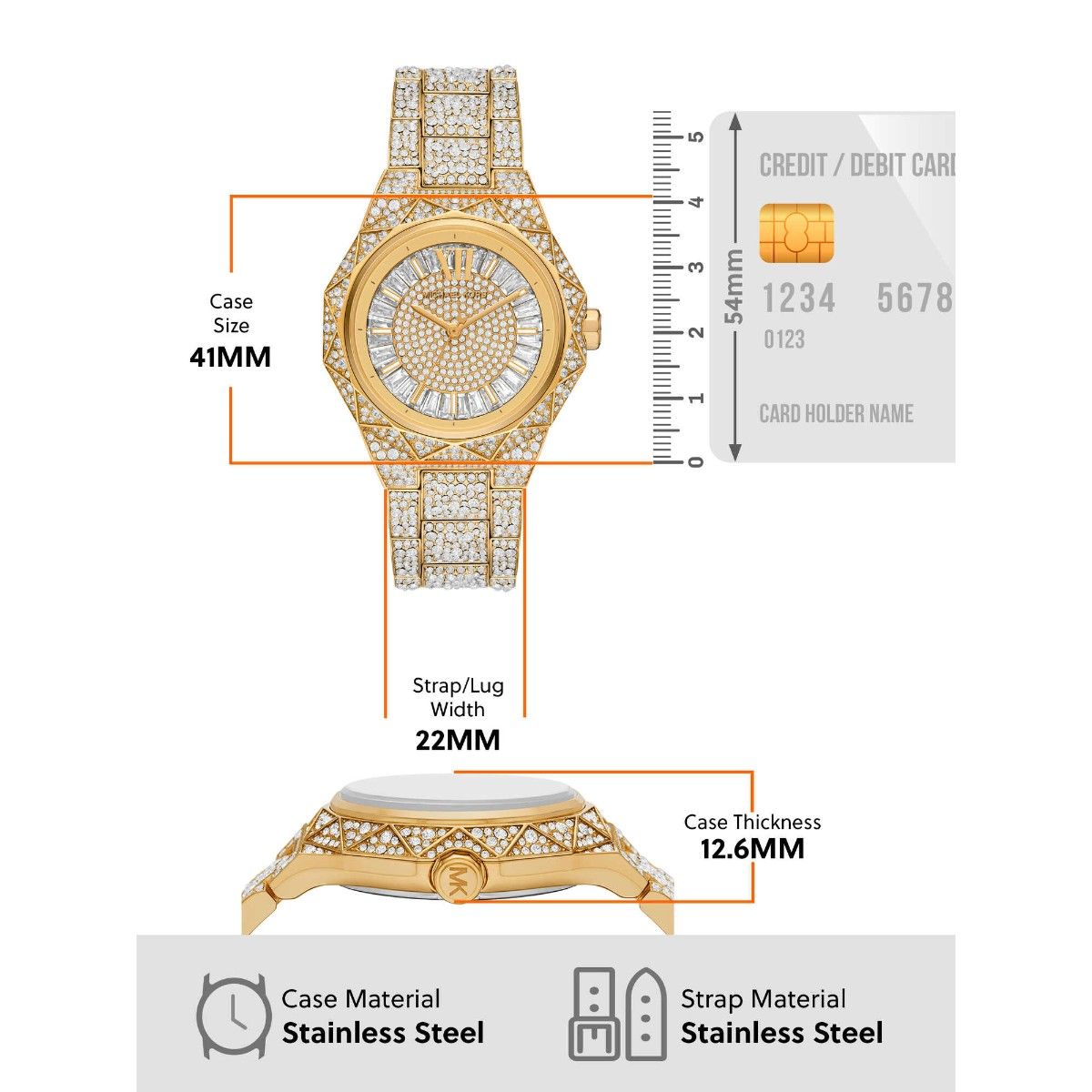 Michael Kors Raquel Three Hand Crystals Gold Dial Gold Steel Strap Watch For Women - MK7398
