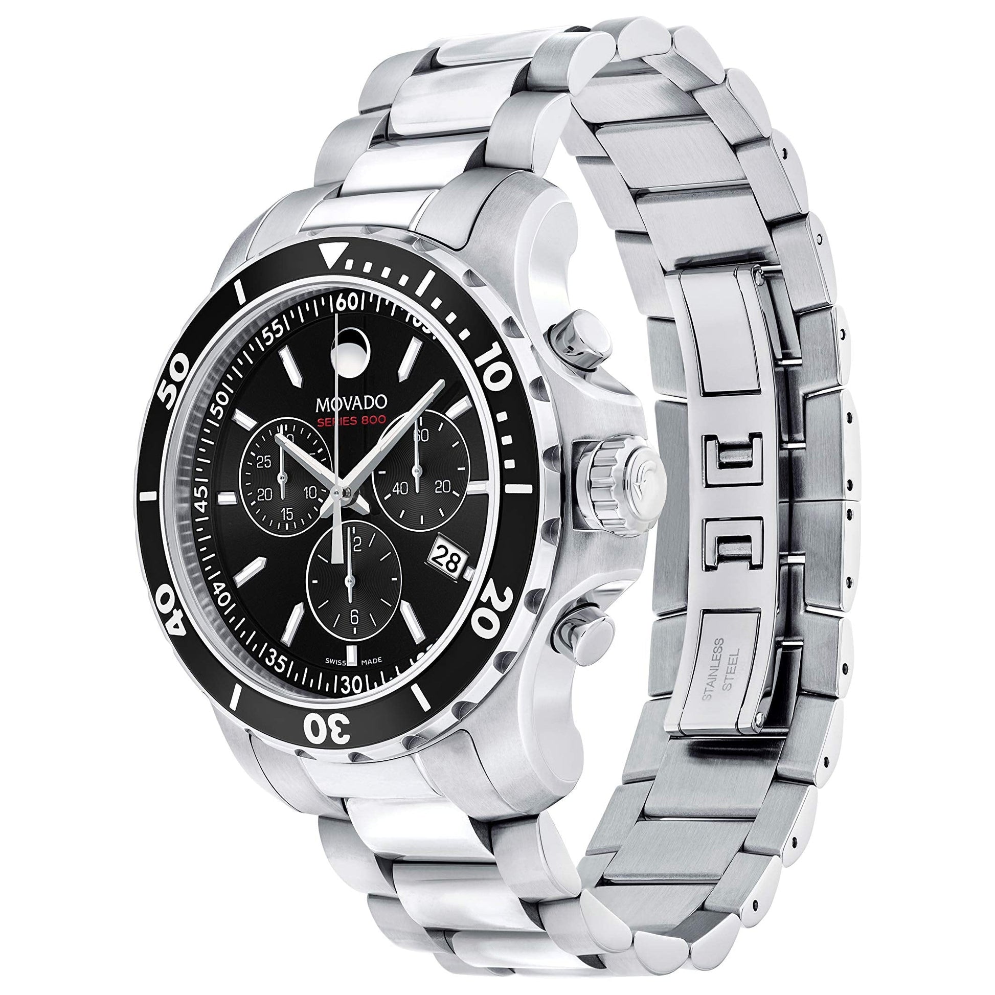 Movado Series 800 Chronograph Black Dial Silver Steel Strap Watch For Men - 2600142