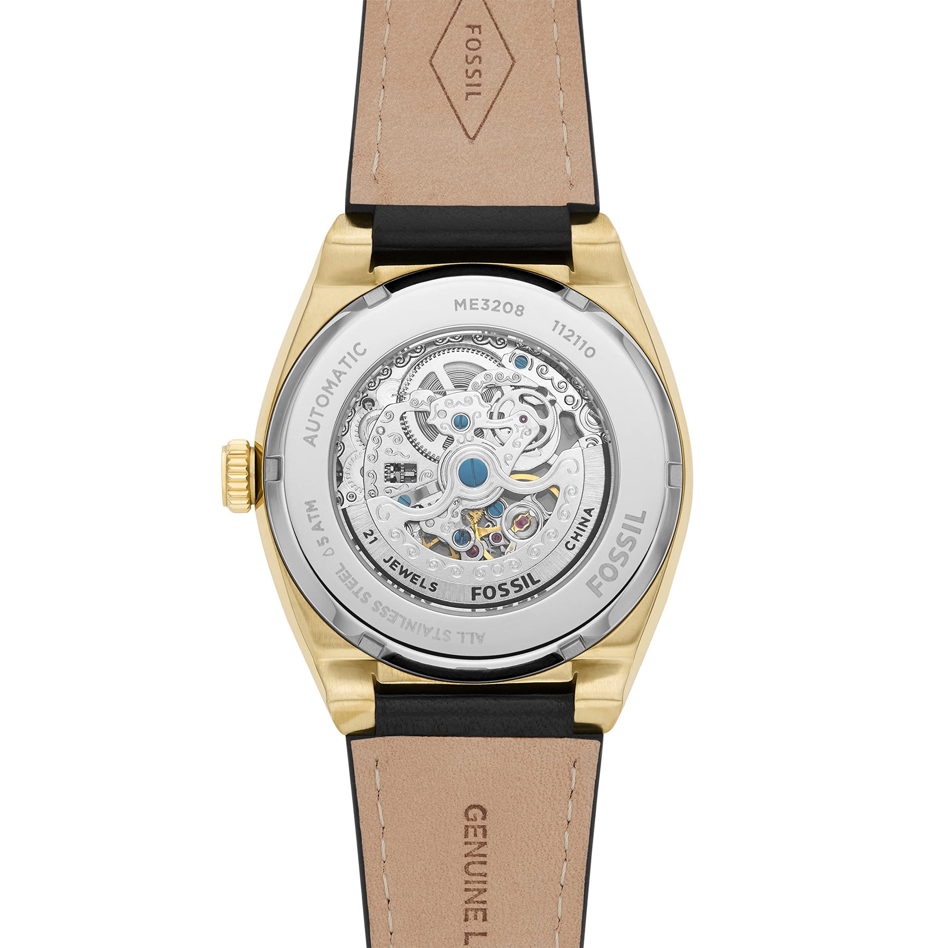 Fossil Everett Automatic Skeleton Black Dial Black Leather Strap Watch for Men - ME3208