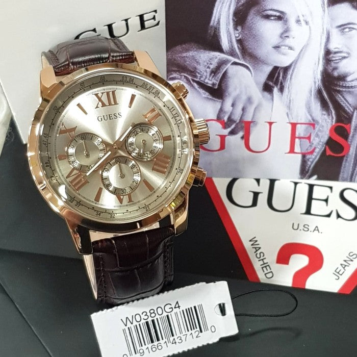 Guess Horizon Quartz Champagne Dial Brown Leather Strap Watch For Women - W0380G4
