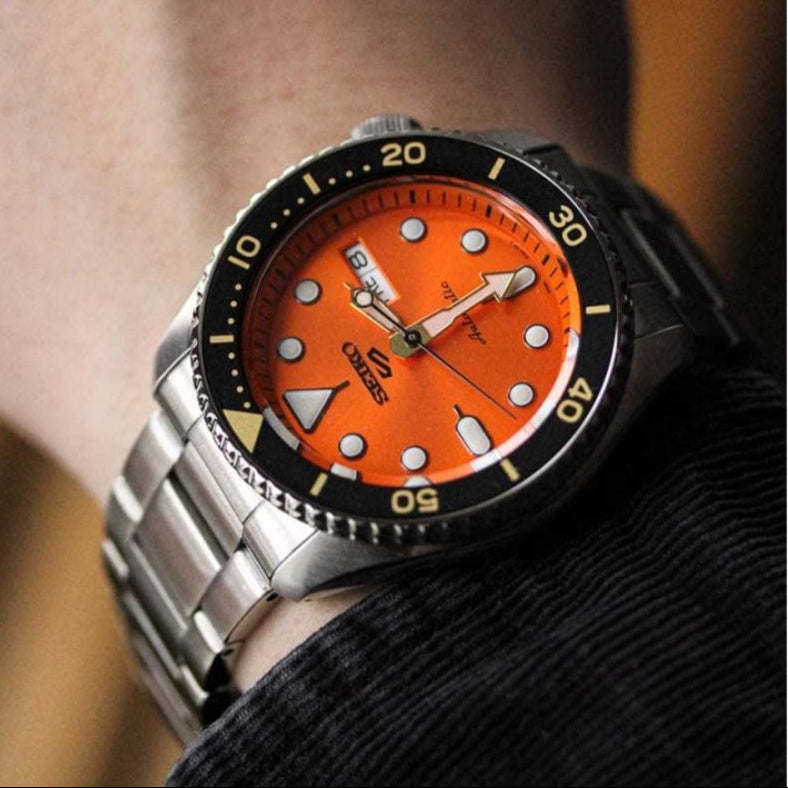 Seiko 5 Sports Automatic Orange Dial Silver Steel Strap Watch For Men - SRPD59K1