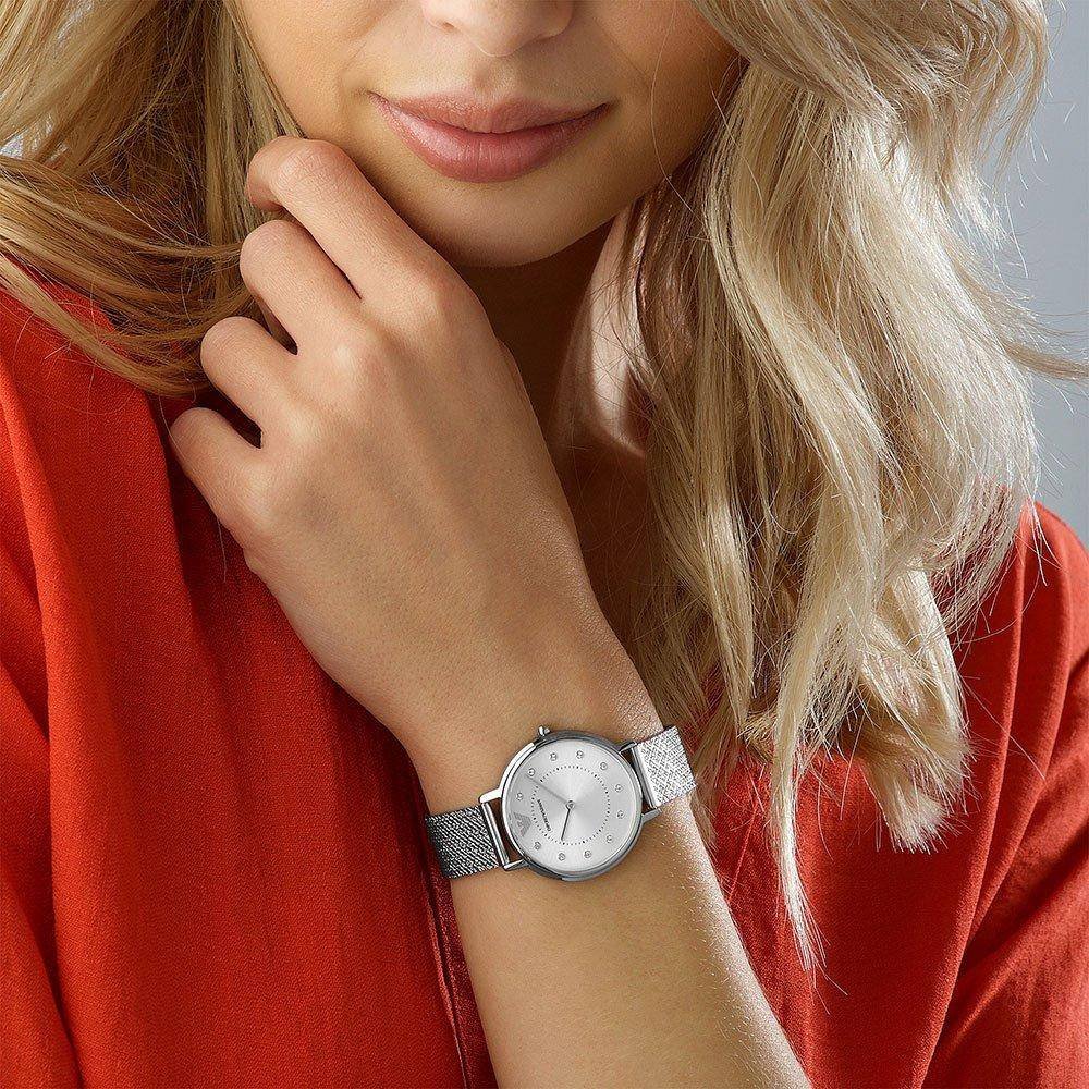 Emporio Armani Kappa Silver Dial Silver Mesh Bracelet Watch For Women - AR11128