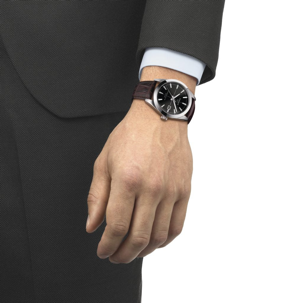 Tissot Gentleman Powermatic 80 Silicium Black Dial Brown Leather Strap Watch For Men - T127.407.16.051.01