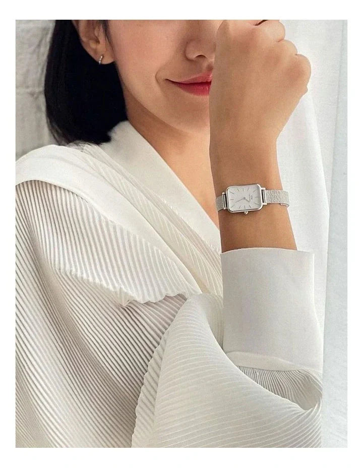 Daniel Wellington Quadro Sterling White Dial Silver Mesh Strap Watch For Women - DW00100438