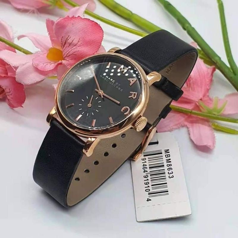 Marc Jacobs Baker Black Dial Black Leather Strap Watch for Women - MBM8633