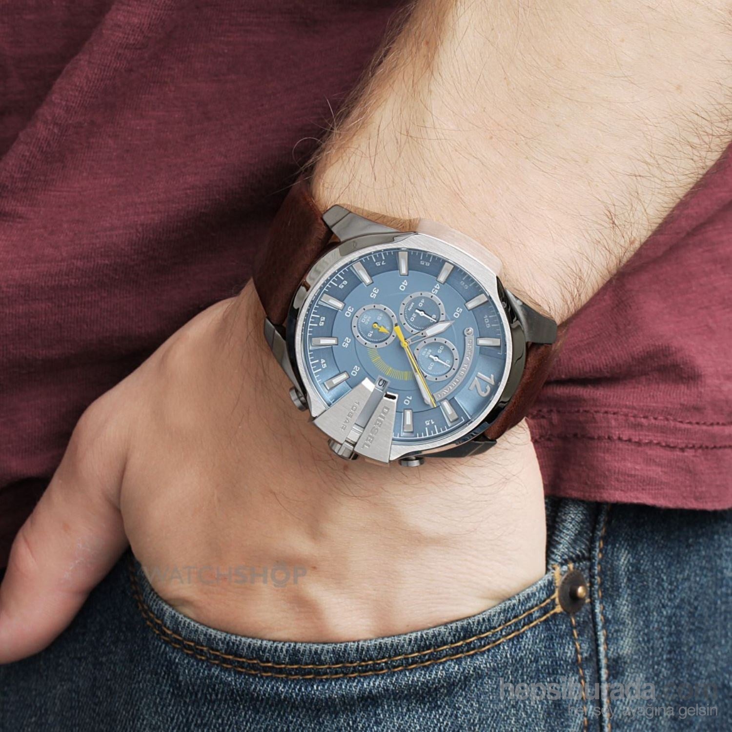 Diesel Mega Chief Chronograph Blue Dial Brown Leather Strap Watch For Men - DZ4281