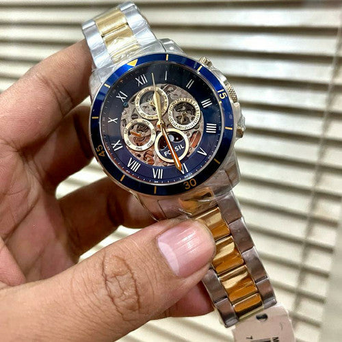 Fossil Grant Sport Automatic Skeleton Blue Dial Two Tone Steel Strap Watch for Men - ME3141