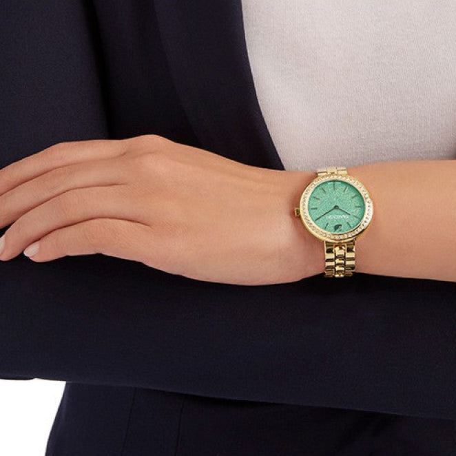 Swarovski Daytime Crystals Turquoise Dial Gold Steel Strap Watch for Women - 5182212