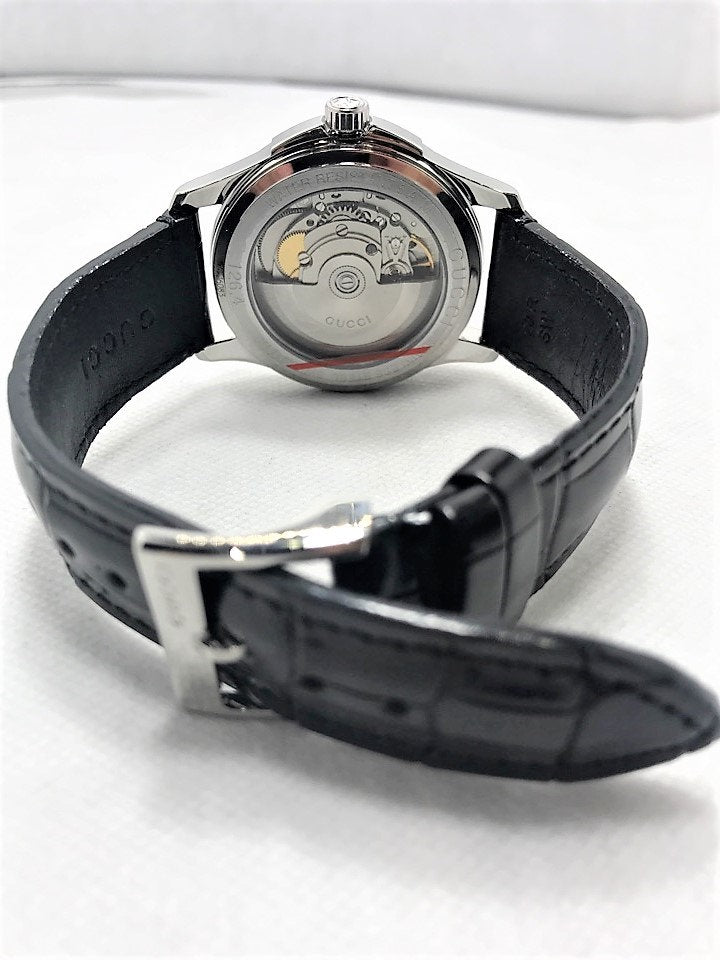 Gucci G Timeless Automatic Black Dial Black Leather Strap Watch For Women - YA126469