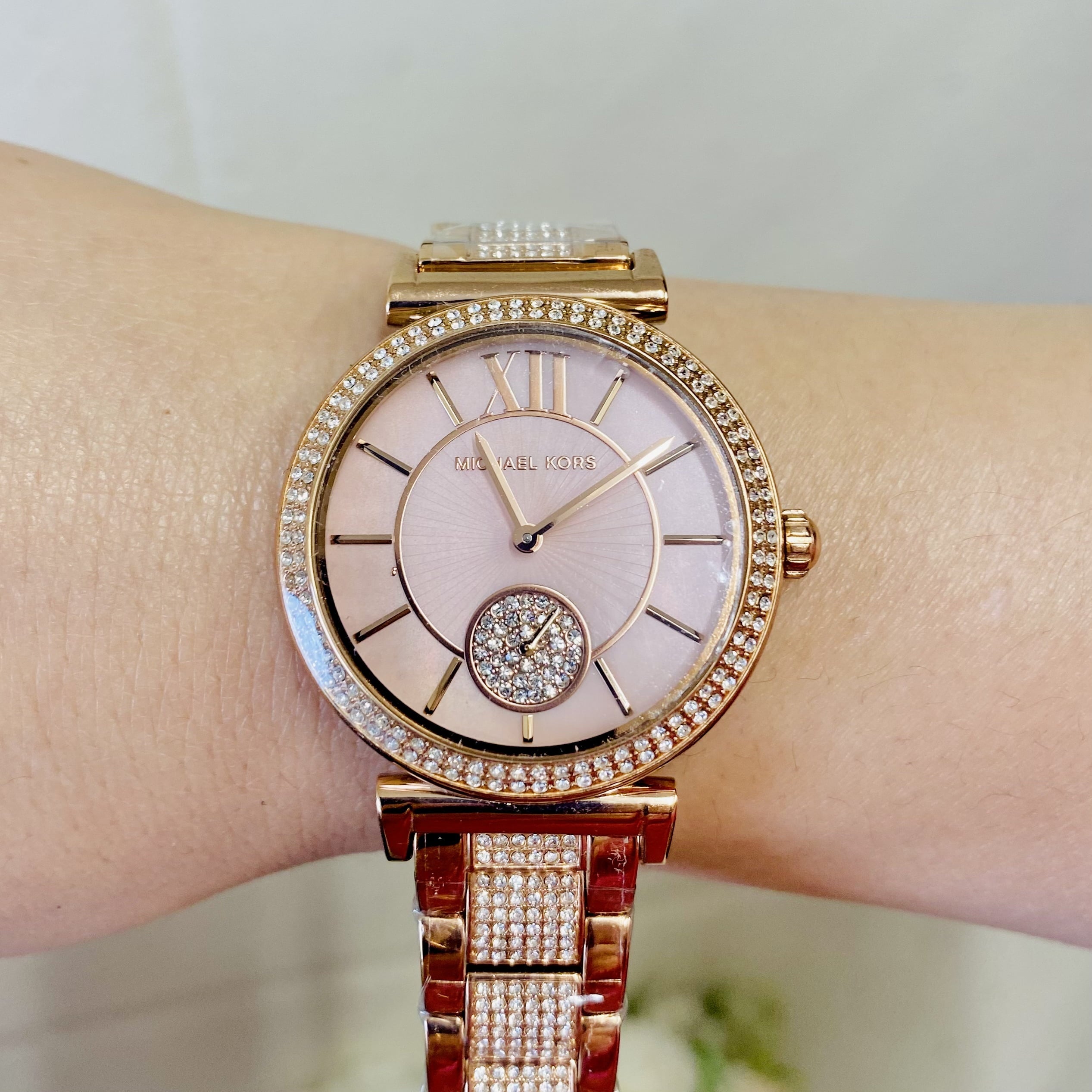 Michael Kors Abbey Three-Hand Analog Crystals Rose Gold Dial Rose Gold Steel Strap Watch for Women - MK4617
