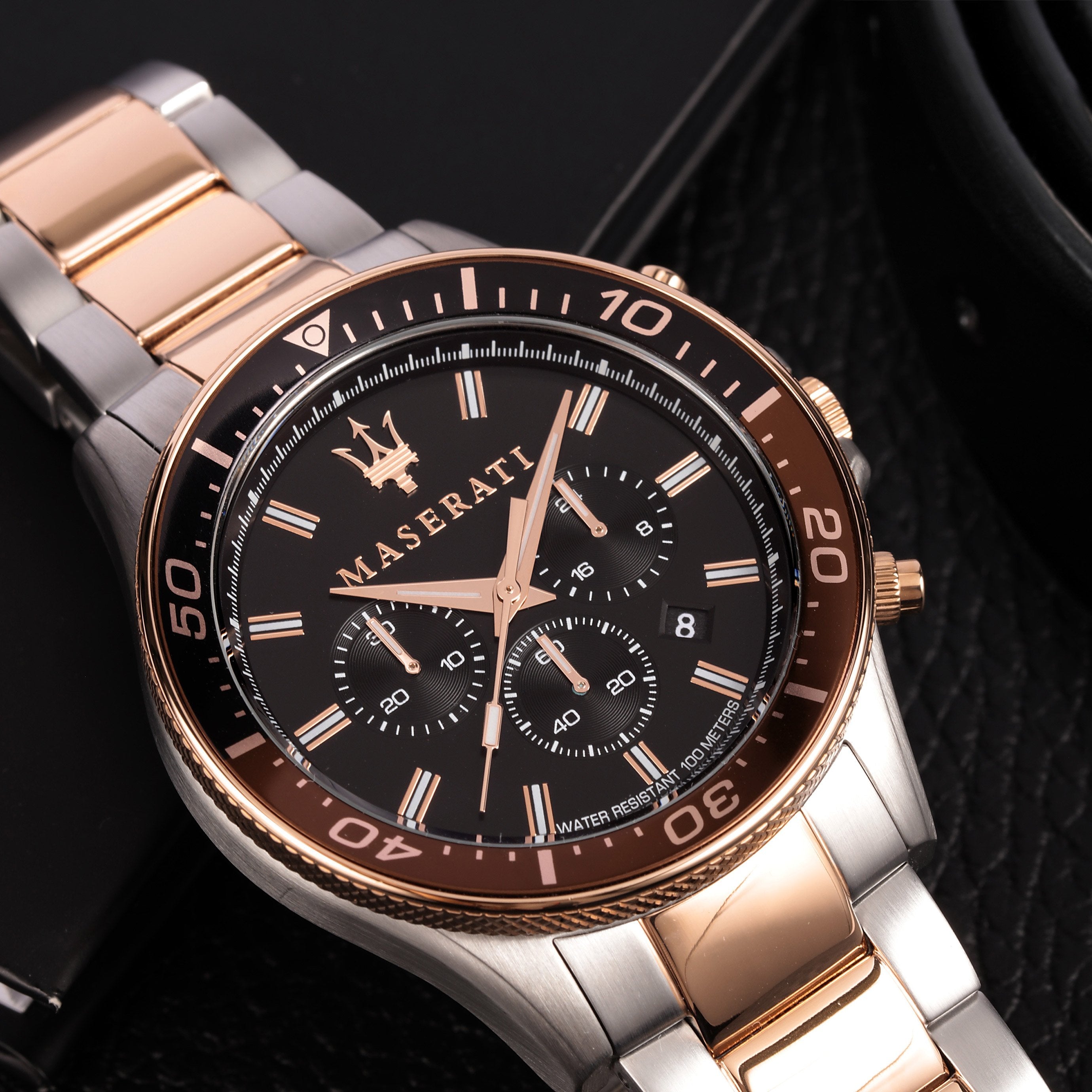Maserati SFIDA Chronograph Black Dial Two Tone Steel Strap Watch For Men - R8873640009