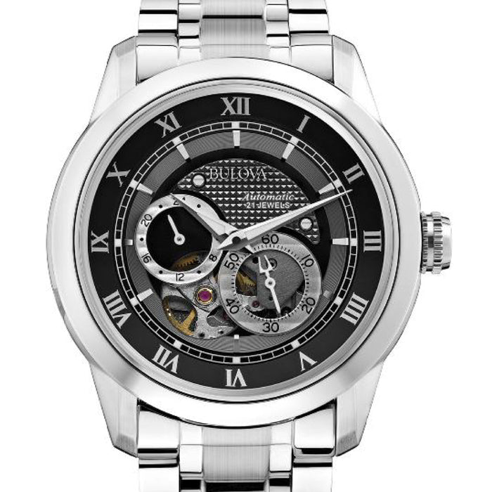 Bulova BVA Dual Aperture Black Dial Silver Steel Strap Watch for Men - 96A119