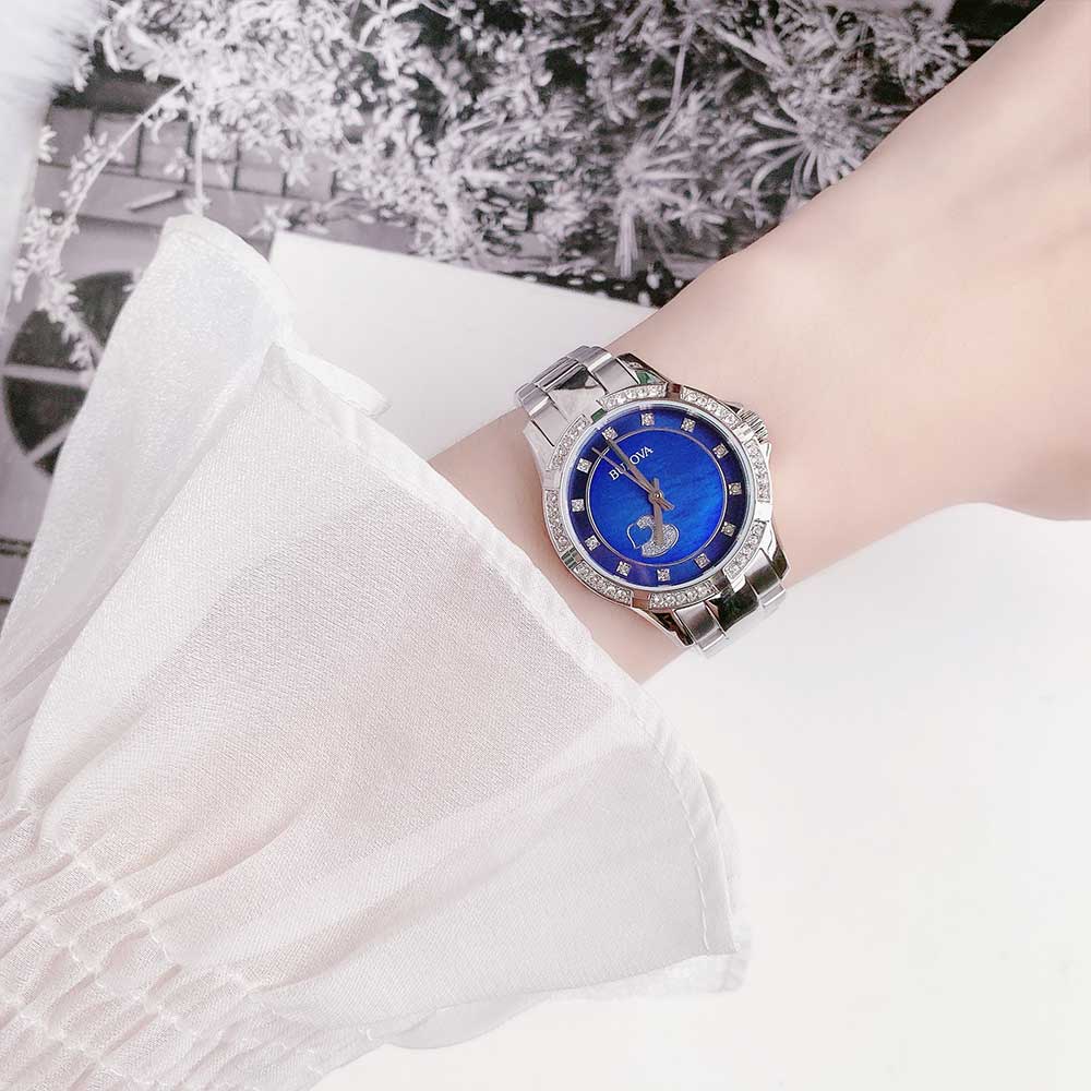 Bulova Crystal Collection Blue Mother of Pearl Dial Silver Steel Strap Watch for Women - 96L238
