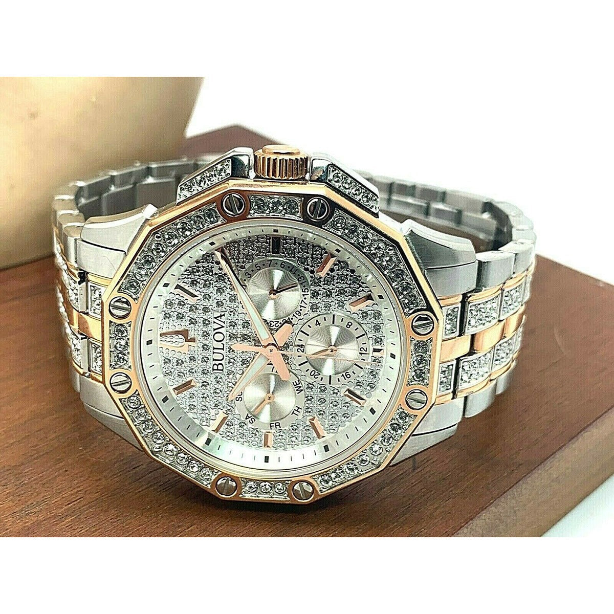 Bulova Octova Crystal Silver Dial Two Tone Steel Strap Watch for Men - 98C133
