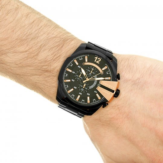 Diesel Mega Chief Chronograph Black Dial Black Steel Strap Watch For Men - DZ4309